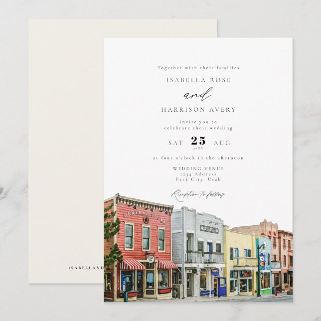 Watercolor Park City Utah Buildings Wedding Invitation (Front/Back)