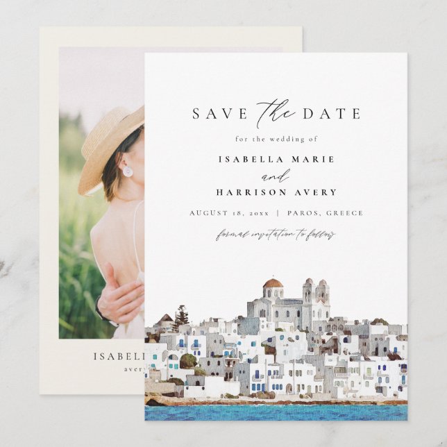 Watercolor Paros Greece Skyline Save the Date Invitation (Front/Back)