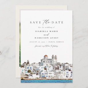 Watercolor Paros Greece Skyline Save the Date Invitation