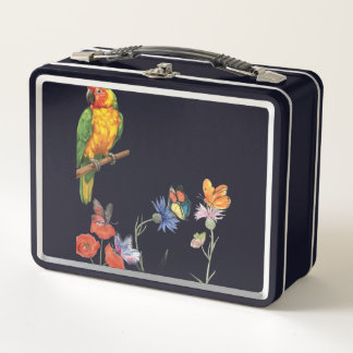 watercolor parrot and butterflies design metal lunch box