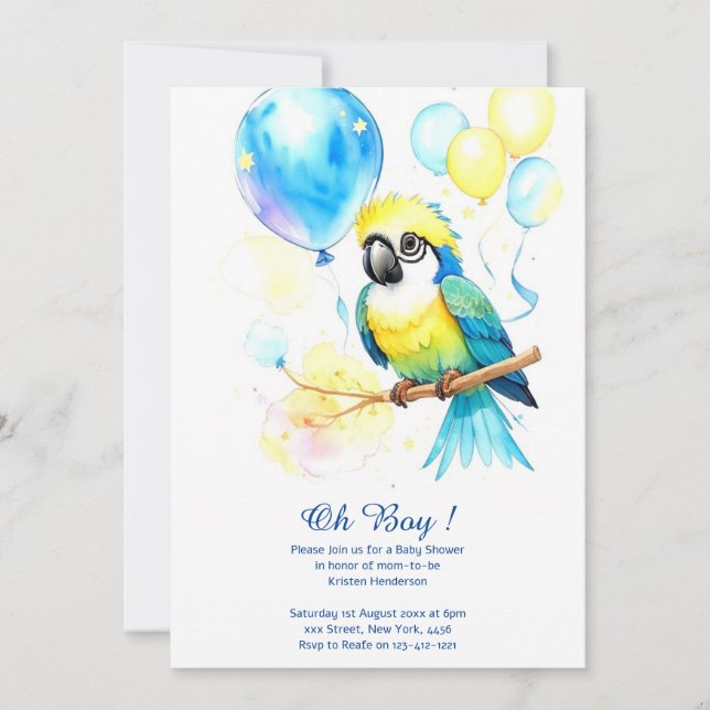 Watercolor Parrot Boy Baby Shower Invitation (Front)