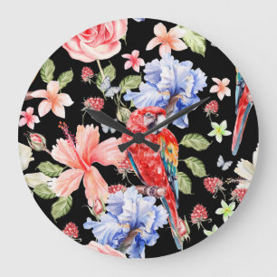 Watercolor Parrot: Floral Pattern Romance. Large Clock