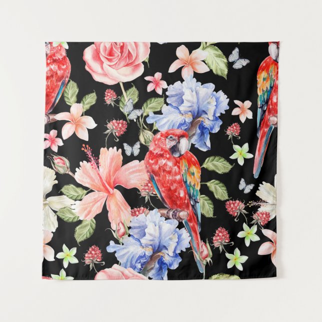Watercolor Parrot: Floral Pattern Romance. Tapestry (Front)