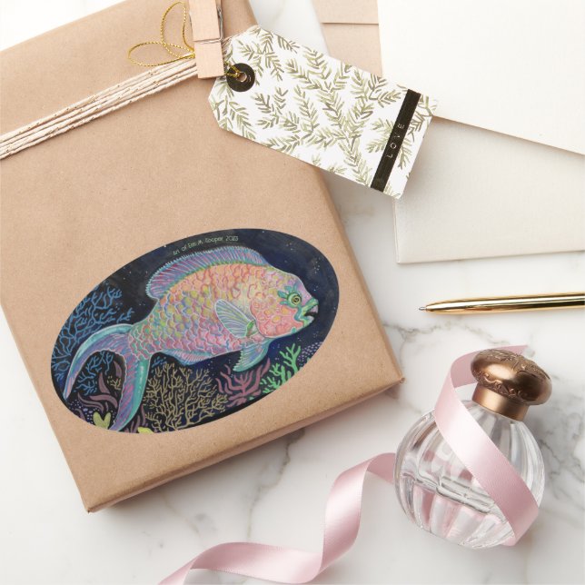 Watercolor Parrotfish Oval Sticker (Gifting)