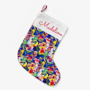 Watercolor Parrots   Add Your Name Small Christmas Stocking