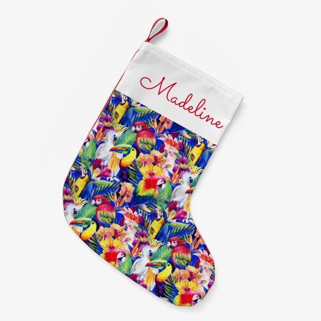 Watercolor Parrots | Add Your Name Small Christmas Stocking (Front (Hanging))