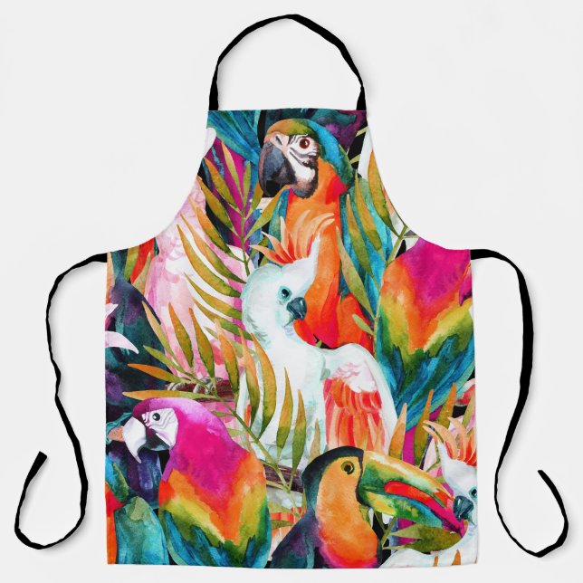 Watercolor Parrots: Tropical Seamless Pattern Apron (Front)