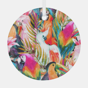 Watercolor Parrots: Tropical Seamless Pattern Glass Tree Decoration