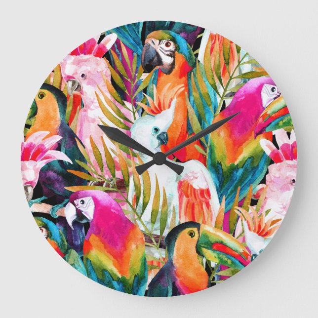 Watercolor Parrots: Tropical Seamless Pattern Large Clock (Front)