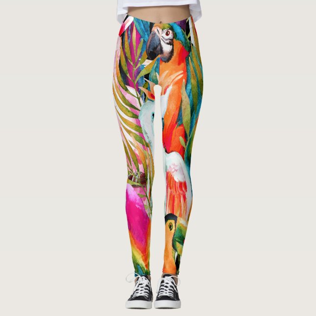 Watercolor Parrots: Tropical Seamless Pattern Leggings (Front)