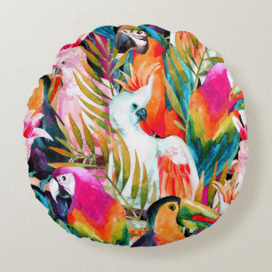 Watercolor Parrots: Tropical Seamless Pattern Round Cushion