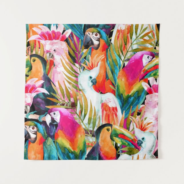Watercolor Parrots: Tropical Seamless Pattern Tapestry (Front)