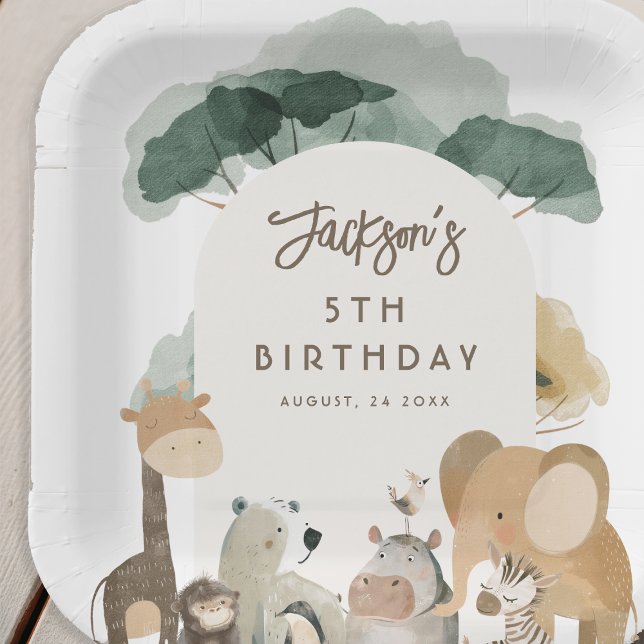 Watercolor Party Animals Photo Birthday Party Paper Plate (Creator Uploaded)