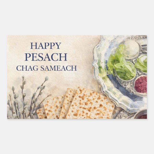 Watercolor Passover Greeting – Happy Pesach  Rectangular Sticker (Front)