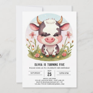  Watercolor Pastel Barnyard Cow Birthday Invitation