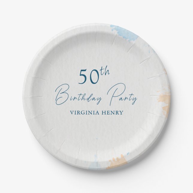 Watercolor Pastel Blue Any Age Birthday Paper Plate (Front)