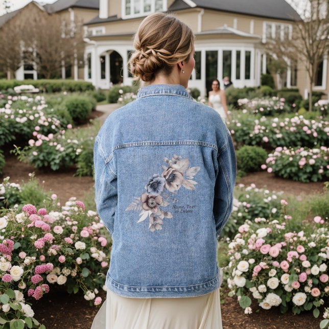 Watercolor Pastel Blue Beige Flowers Beautiful Denim Jacket (Wedding Back)