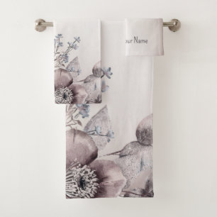 Watercolor Pastel Blue Beige Flowers Elegant Bath Towel Set