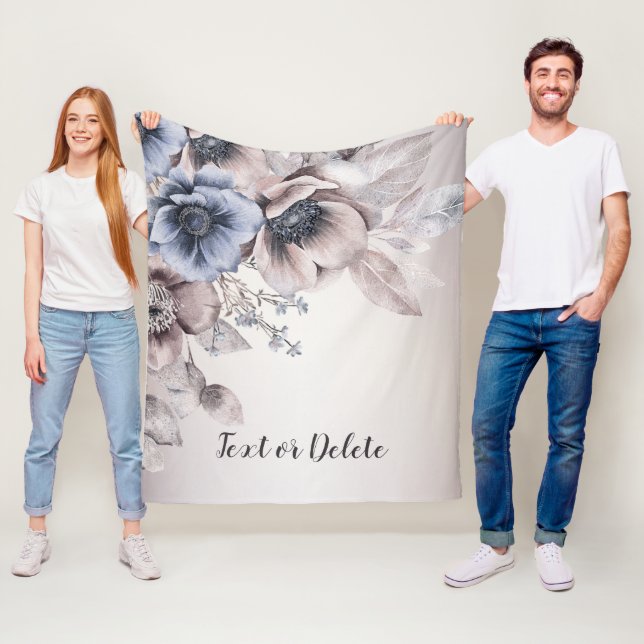 Watercolor Pastel Blue Beige Flowers Elegant Fleece Blanket (In Situ)