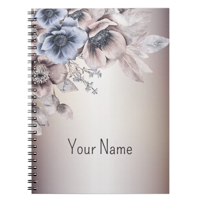 Watercolor Pastel Blue Beige Flowers Elegant Notebook (Front)