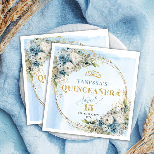 Watercolor Pastel Blue Floral Gold 15th Birthday Napkin