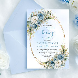 Watercolor Pastel Blue Floral Gold Baby Shower  Invitation