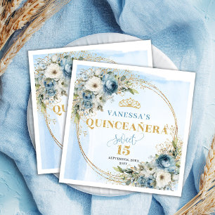 Watercolor Pastel Blue Flowers Greenery Gold 15th Napkin