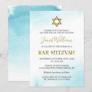 Watercolor Pastel Blue Gold Bar Mitzvah Invitation