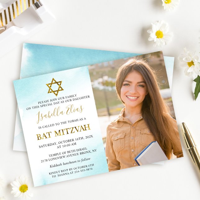 Watercolor Pastel Blue Gold Bat Mitzvah Photo Invitation (Creator Uploaded)
