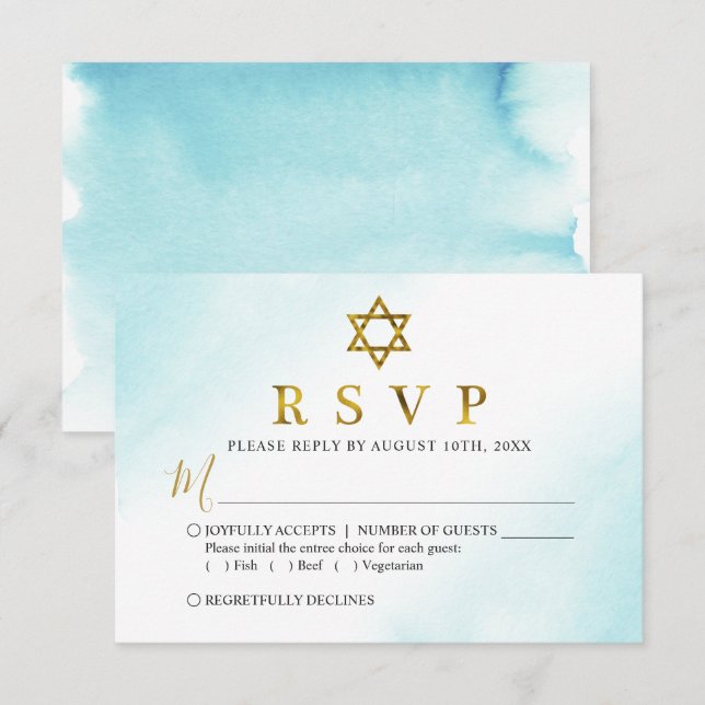 Watercolor Pastel Blue Gold Bat Mitzvah RSVP Card (Front/Back)