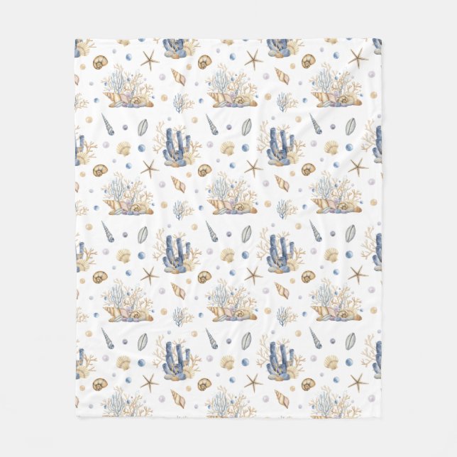 Watercolor pastel blue green colours shells fleece blanket (Front)