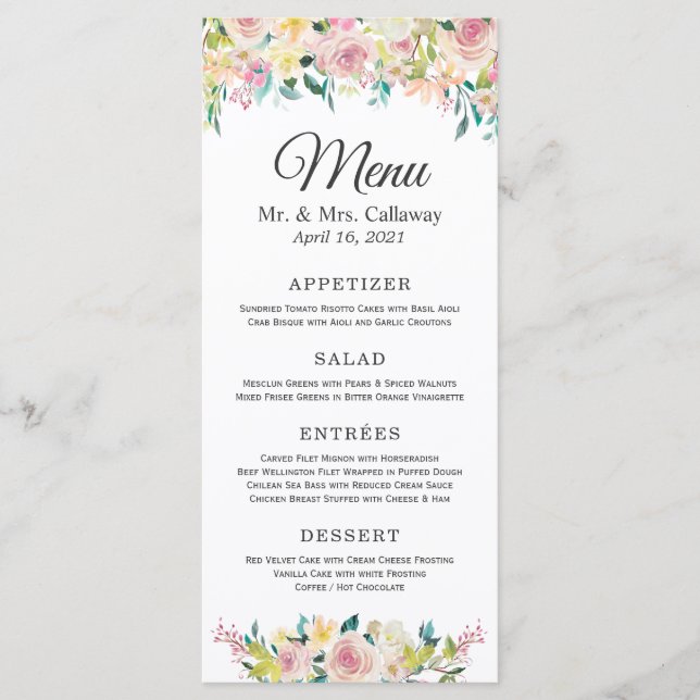 Watercolor Pastel Blush Chic Floral Wedding Menu (Front)