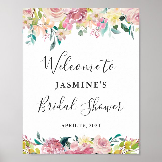 Watercolor Pastel Blush Floral Bridal Shower Sign (Front)