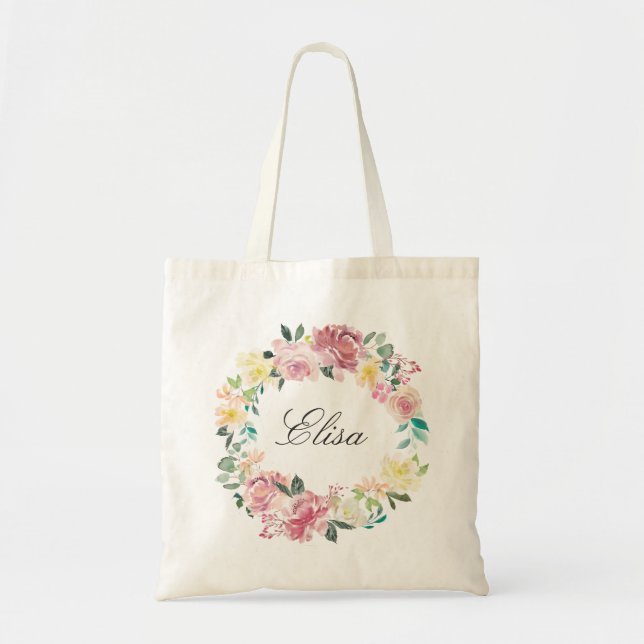 Watercolor Pastel Blush Floral Wreath Bridesmaid Tote Bag (Front)