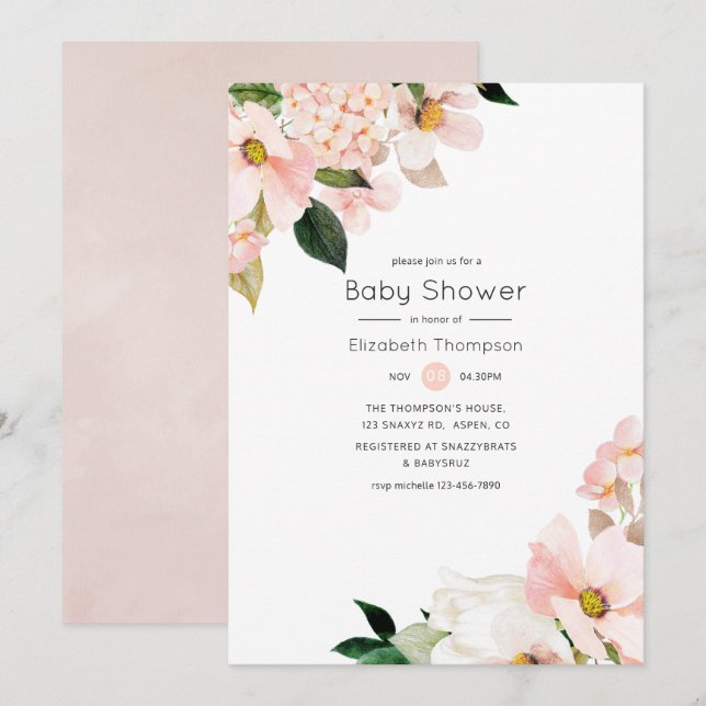 Watercolor Pastel Blush Pink Floral Baby Shower Invitation (Front/Back)