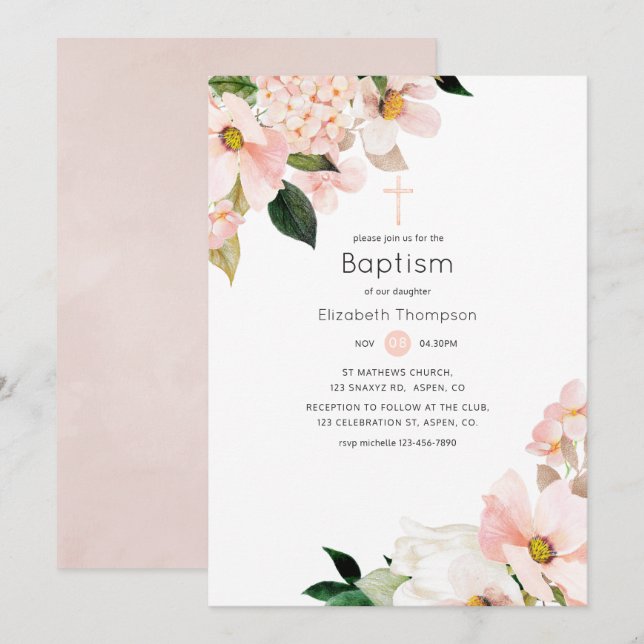 Watercolor Pastel Blush Pink Floral Baptism Invitation (Front/Back)