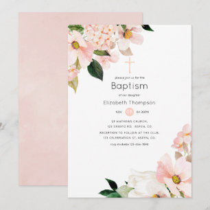 Watercolor Pastel Blush Pink Floral Baptism Invitation
