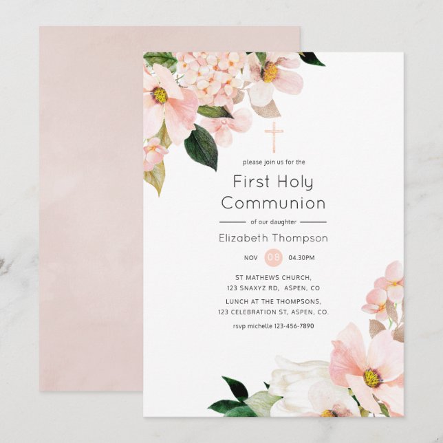 Watercolor Pastel Blush Pink Floral Holy Communion Invitation (Front/Back)