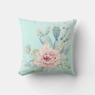 Watercolor Pastel Cactus and Pink Flower Cushion