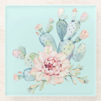 Watercolor Pastel Cactus and Pink Flower