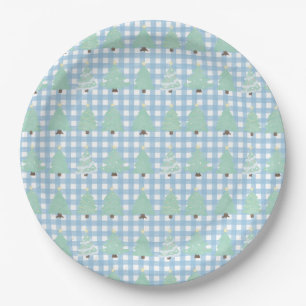 Watercolor Pastel Christmas Trees with Blue Plaid  Paper Plate
