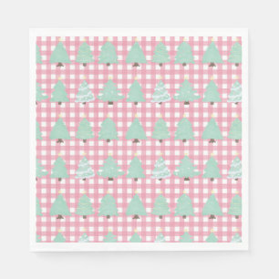Watercolor Pastel Christmas Trees with Pink Plaid Napkin
