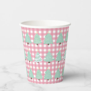 Watercolor Pastel Christmas Trees with Pink Plaid Paper Cups
