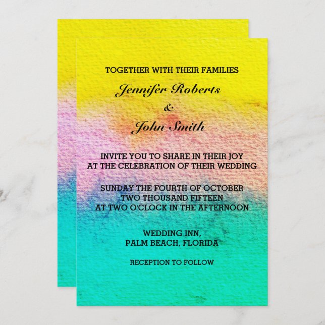 Watercolor Pastel Colour Teal Yellow Modern Weddin Invitation (Front/Back)