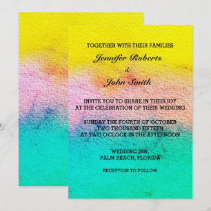 Watercolor Pastel Colour Teal Yellow Modern Weddin Invitation
