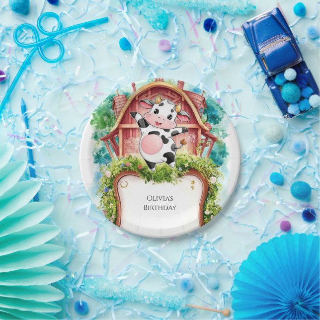 Watercolor Pastel Cow Birthday Paper Plate (Party)