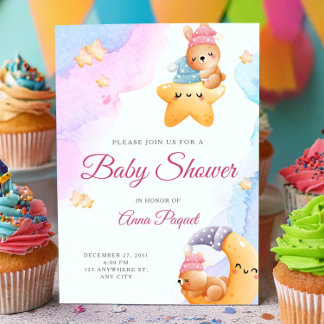 Watercolor Pastel Cute Teddy Bear Baby Shower Invitation
