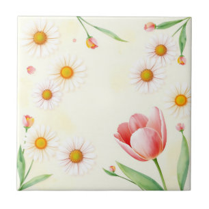 Watercolor Pastel Daisies and Tulips  Tile
