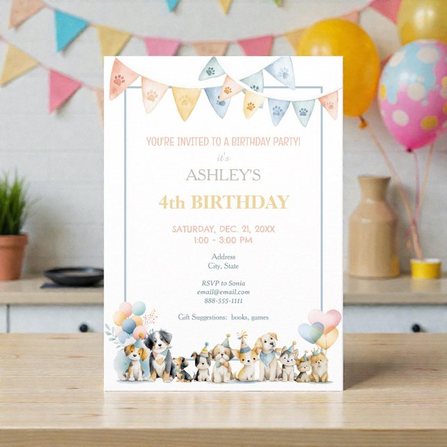 Watercolor Pastel Dogs Puppies Birthday Invitation (Creator Uploaded)