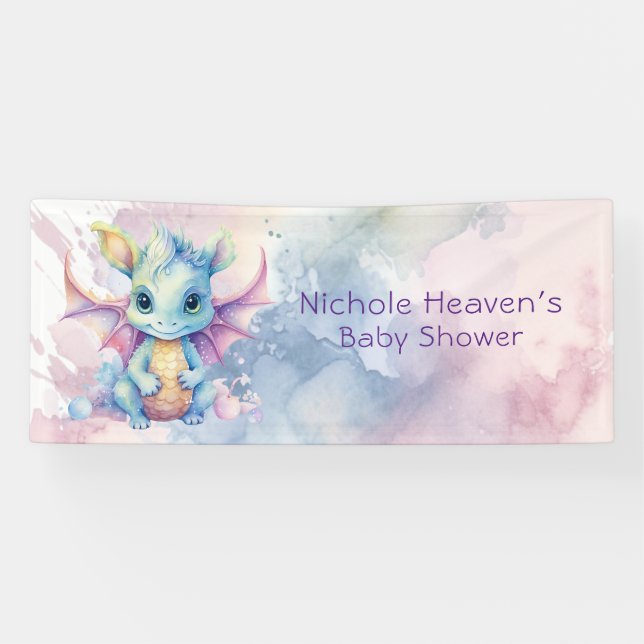 Watercolor Pastel Dragon Girl Baby Shower  Banner (Horizontal)